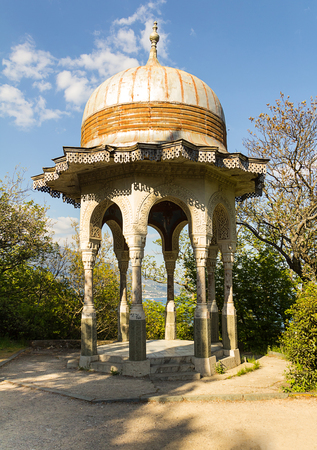 Open graceful stone gazebo pavilion with carved walls and a round roof- Yalta Crimeaの写真素材
