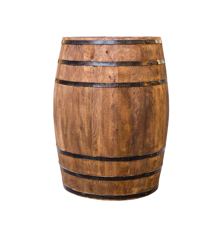 Oak barrel brown with metal hoops on a white isolated backgroundの写真素材