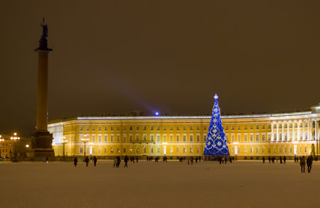 Christmas -Russia St. Petersburg - winter palace blue big Christmas tree decorated with bright garlands and a high star-January 2017のeditorial素材