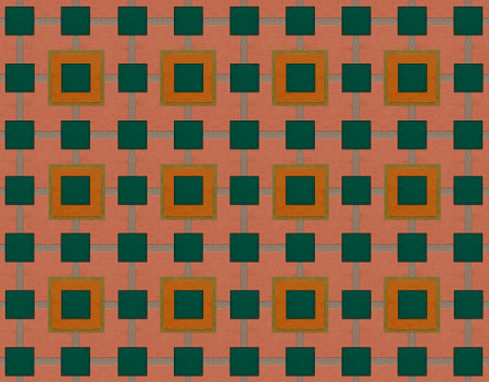 row  green square on background of a brick wall symmetrical, geometric texture