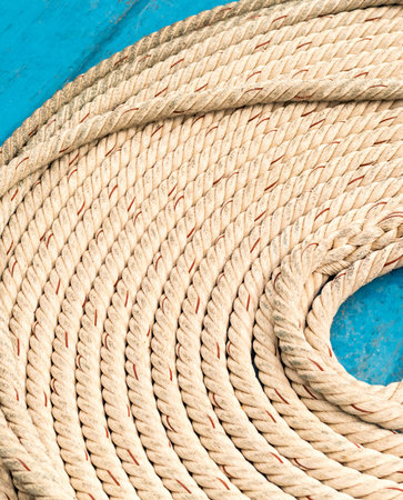 light braided rope part of marine fasteners, folded in a circle close-up, empty space in the middle