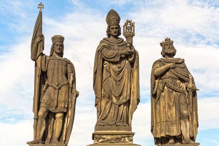 Sculptures  Charles Bridge. Statues of three figures - Saint Norbert, St. Vaclav and St. Sigismund. Prague Czech Republic February 2017 year