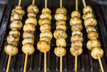 baked roast whole champignon on a wooden stick skewer against the background of a metal lattice bbq, a row of appetizing vegetablesの写真素材
