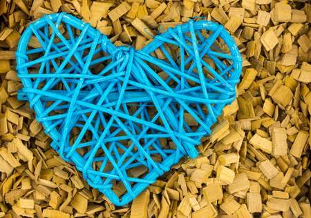 blue heart gossip blue line thread love symbol, invitation Valentine day on a wooden backgroundの写真素材