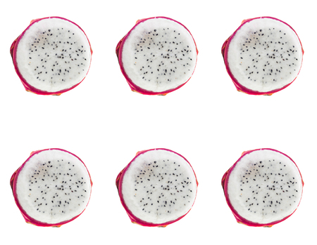 half pitahaya with white flesh and black seeds pattern tropical fruit setの写真素材