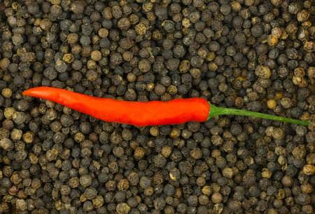 whole pod of red chili on a background of spicy black pepper many peas base sauce contrast culinary...