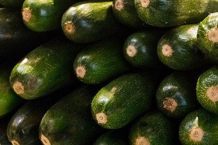 pile of green zucchini many bright vegetables end background close-up base patternの写真素材