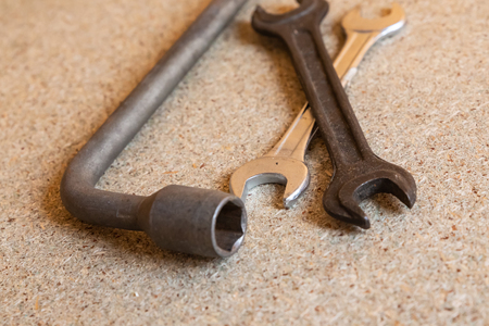 hexagon wrench and a wrench for repair. design of the construction set of hand toolsの写真素材