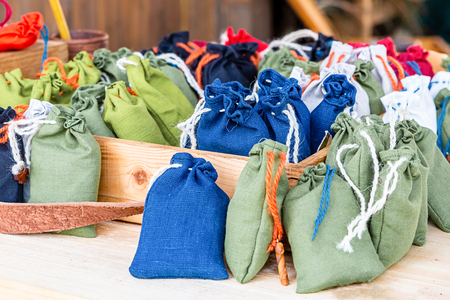 many pouch canvas blue green olive white tray healer medicinal herbsの写真素材