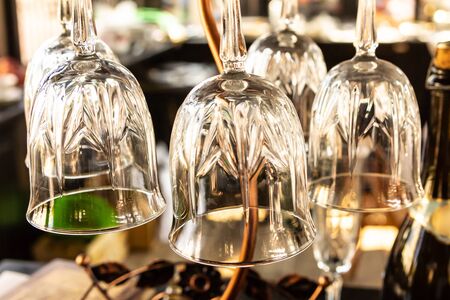 transparent glass wine set dinnerware bra design base bar backgroundの写真素材