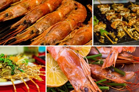 culinary set collage sea food shish kebab shrimp fried on a grill stuffed lobster a row of langoustine pattern culinary delicacyの写真素材