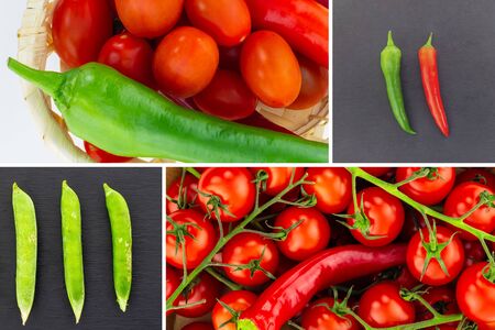 set of vegetables on a black base isolated background tomato on a branch with chili basket cherry green podの写真素材