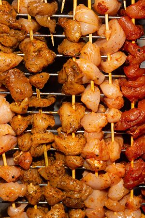 vertical wooden skewers of pork mini slices, the basis for drying meat making crisps sharp and seasonedの写真素材