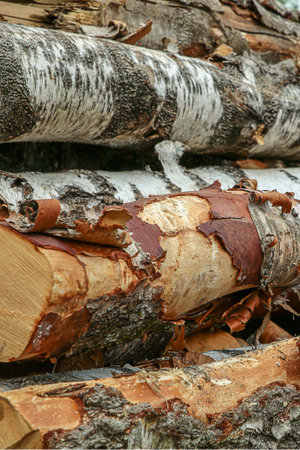 stack of horizontal logs birch trunks with white bark background
