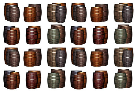 pattern wooden wine barrel brown gray set base white substrate. Wine-making oak barrels