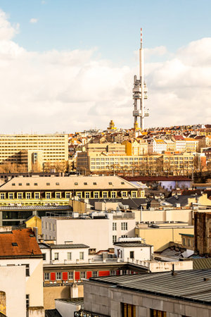 Czech Republic Prague March 2017. European city roofs TV tower vertical photoのeditorial素材