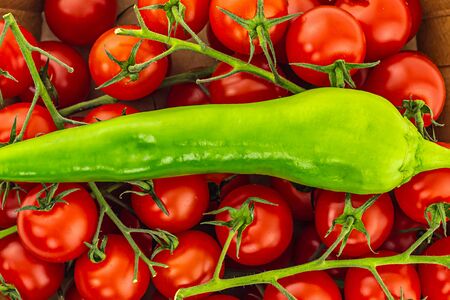 pepper fresh ripe green vegetable horizontal pod background red tomato bright set base sauceの写真素材