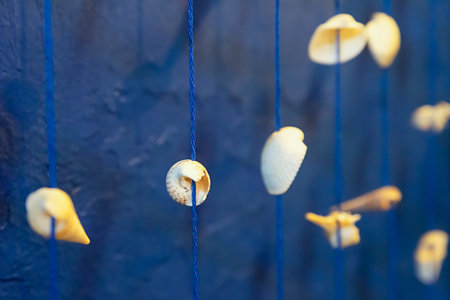 decor garland Mediterranean design seashells small on the fishing line on a blue background focus in...
