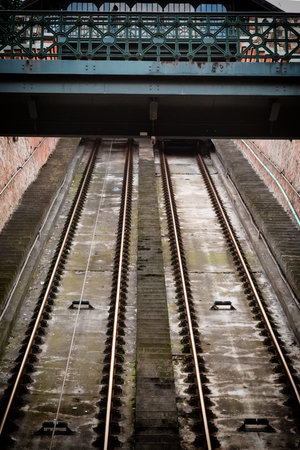 rails path funicular vertical path bridge iron path to the mountainsの写真素材