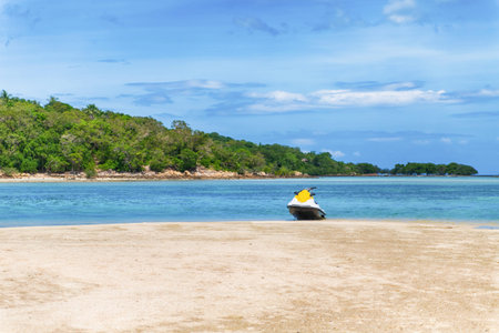 white water stone on a sandy beach against the blue ocean and sandy coast covered with greens