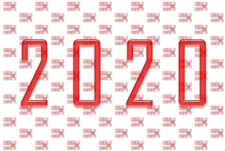 new year two thousand and twentieth year 2020, text numbers from red font with a transparent effect on a tinted background pattern giftbox festive decorの写真素材