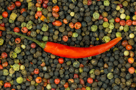 red pod of chili peppers on a background of assorted peppercorn
