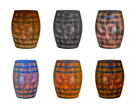 assorted brown and gray oak barrels on a white isolated background