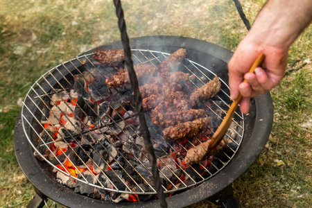 grill lunch, meat is grilled on the grill on a grill background