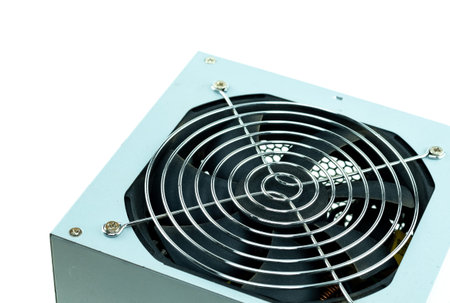 fan grille of computer power supply, server close up on isolated background