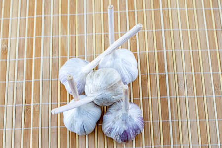 fresh white garlic heap on wooden background vegetable setの写真素材