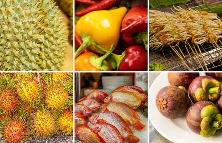 exotic collage of asia fruit durian, rambutan, enoki and snapperの写真素材