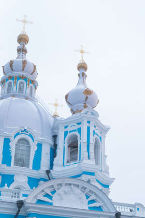St. Petersburg Russian Federation 01/07/2017. Smolny Cathedral blue and white with snow-covered dome vertical photoのeditorial素材