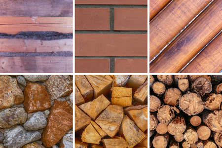 decor elements assortment of firewood, brick wall and stone designの写真素材