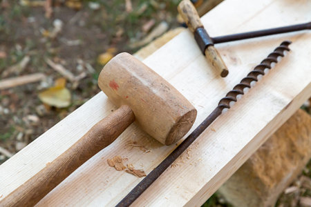 wooden hammer mallet and drill construction toolの写真素材