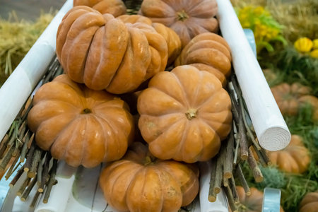 autumn harvest of pumpkins stacked in open farmer's van toned close up