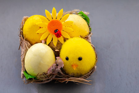 Easter decor set of yellow eggs and chicken, with flower and ladybug