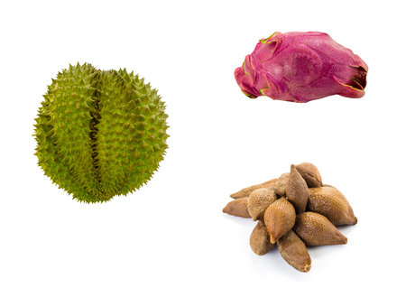fruits on isolated background durian, herring (snake fruit) and pitahaya - dragon fruit