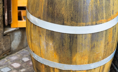 oak barrel close-up with metal hoop, oktoberfest decor