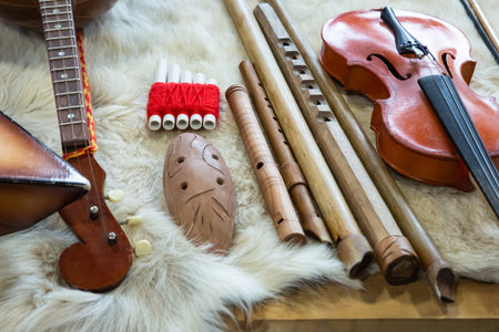 traditional musical instruments made of wood flute and pipe close upの写真素材