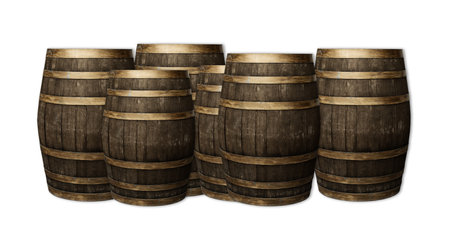 oak barrel group dark brown with steel rings on isolated backgroundの写真素材