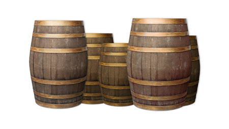 oak barrels dark brown from small and large sizes on an isolated backgroundの写真素材