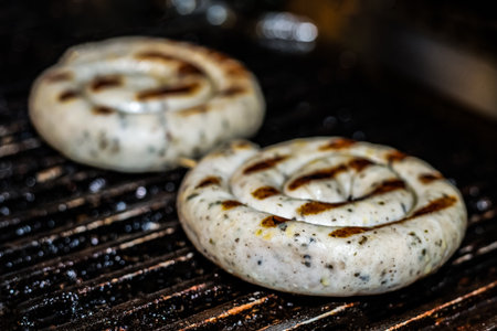 pork sausages twisted in a spiral and fried on the grill, an Oktoberfest appetizerの写真素材