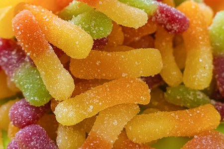 multicolored candy gummy worms close-up background confectioneryの写真素材