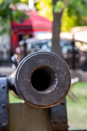 cannon barrel with round hole close-up, traditional fort guard weaponの写真素材