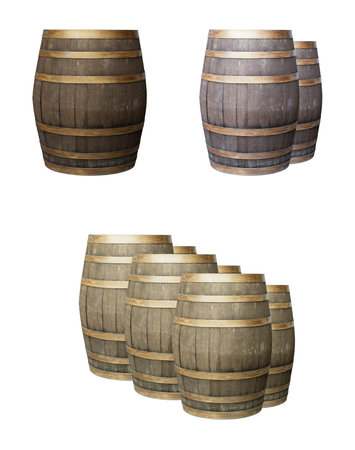 assorted oak barrels brown and gray set on isolated backgroundの写真素材