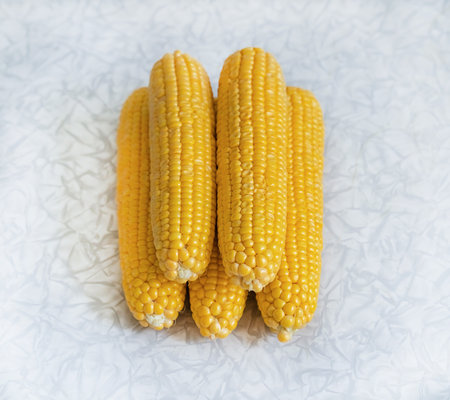 pile of corn cobs on a light background, vegetables stacked pileの写真素材