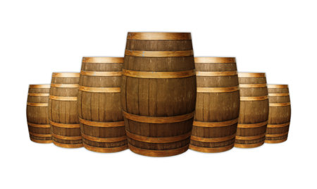 brown oak barrels with gold iron rings in the center large around the edges on an isolated backgroundの写真素材