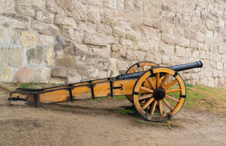 cannon on a long wooden base, a defensive weapon of the fortress against the background of a stone...