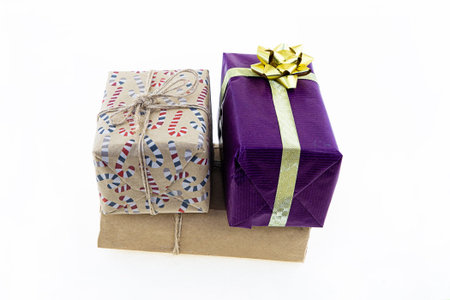 gray and purple box birthday gift set on white isolated background