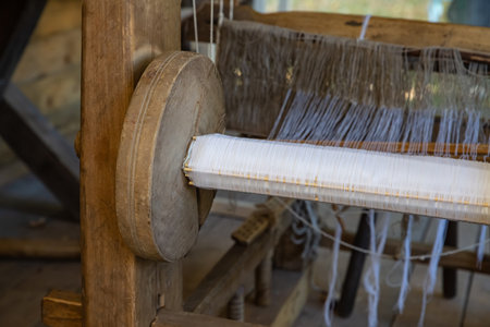 mechanism of a wooden loom for the production of carpet fabricの写真素材